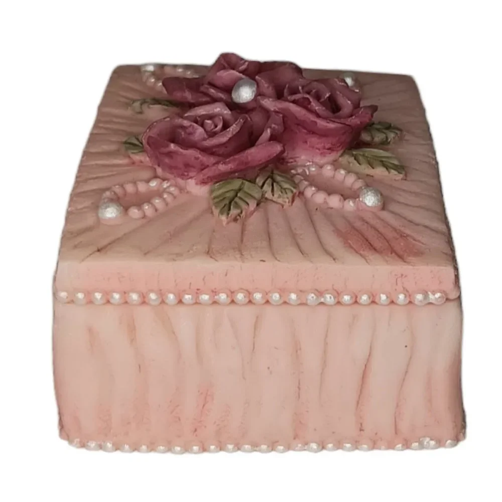 Dezine Pink Rose Pearl Ceramic Trinket Jewelry Box Vintage